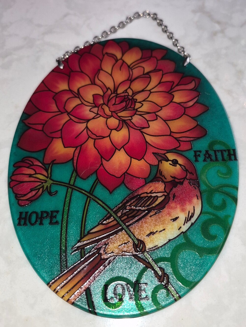 Joan Baker Suncatcher Hand Painted Window Hanger Ornament Bird Faith, Hope, Love